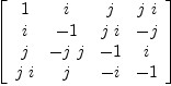 
\label{eq8}\left[ 
\begin{array}{cccc}
1 & i & j &{j \  i}
\
i & - 1 &{j \  i}& - j 
\
j & -{j \  j}& - 1 & i 
\
{j \  i}& j & - i & - 1 
