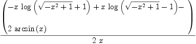 
\label{eq83}{\left(
\begin{array}{@{}l}
\displaystyle
-{x \ {\log \left({{\sqrt{-{{x}^{2}}+ 1}}+ 1}\right)}}+{x \ {\log \left({{\sqrt{-{{x}^{2}}+ 1}}- 1}\right)}}- 
\
\
\displaystyle
{2 \ {\arcsin \left({x}\right)}}

