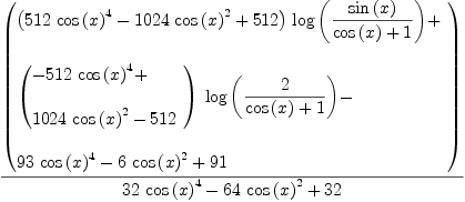 
\label{eq37}{\left(
\begin{array}{@{}l}
\displaystyle
{{\left({{512}\ {{\cos \left({x}\right)}^{4}}}-{{1024}\ {{\cos \left({x}\right)}^{2}}}+{512}\right)}\ {\log \left({{\sin \left({x}\right)}\over{{\cos \left({x}\right)}+ 1}}\right)}}+ 
\
\
\displaystyle
{{\left({
\begin{array}{@{}l}
\displaystyle
-{{512}\ {{\cos \left({x}\right)}^{4}}}+ 
\
\
\displaystyle
{{1024}\ {{\cos \left({x}\right)}^{2}}}-{512}
