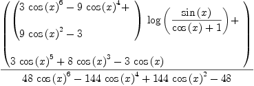 
\label{eq28}{\left(
\begin{array}{@{}l}
\displaystyle
{{\left({
\begin{array}{@{}l}
\displaystyle
{3 \ {{\cos \left({x}\right)}^{6}}}-{9 \ {{\cos \left({x}\right)}^{4}}}+ 
\
\
\displaystyle
{9 \ {{\cos \left({x}\right)}^{2}}}- 3 
