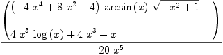 
\label{eq14}{\left(
\begin{array}{@{}l}
\displaystyle
{{\left(-{4 \ {{x}^{4}}}+{8 \ {{x}^{2}}}- 4 \right)}\ {\arcsin \left({x}\right)}\ {\sqrt{-{{x}^{2}}+ 1}}}+ 
\
\
\displaystyle
{4 \ {{x}^{5}}\ {\log \left({x}\right)}}+{4 \ {{x}^{3}}}- x 
