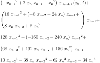 
\label{eq15}\begin{array}{@{}l}
\displaystyle
{{\left(-{{x_{n - 1}}^{2}}+{2 \ {x_{n}}\ {x_{n - 1}}}-{{x_{n}}^{2}}\right)}\ {{x_{{{{, 1}{, 1}}{, 1}}{, 1}}}\left({{x_{0}}, \: t}\right)}}+ 
\
\
\displaystyle
{{\left({
\begin{array}{@{}l}
\displaystyle
{{16}\ {{x_{n - 1}}^{2}}}+{{\left(-{8 \ {x_{n - 2}}}-{{24}\ {x_{n}}}\right)}\ {x_{n - 1}}}+ 
\
\
\displaystyle
{8 \ {x_{n}}\ {x_{n - 2}}}+{8 \ {{x_{n}}^{2}}}
