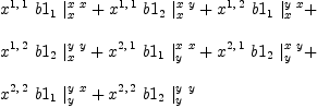 
\label{eq55}\begin{array}{@{}l}
\displaystyle
{{x^{1, \: 1}}\ {b 1_{1}}\ {|_{x}^{x \  x}}}+{{x^{1, \: 1}}\ {b 1_{2}}\ {|_{x}^{x \  y}}}+{{x^{1, \: 2}}\ {b 1_{1}}\ {|_{x}^{y \  x}}}+ 
\
\
\displaystyle
{{x^{1, \: 2}}\ {b 1_{2}}\ {|_{x}^{y \  y}}}+{{x^{2, \: 1}}\ {b 1_{1}}\ {|_{y}^{x \  x}}}+{{x^{2, \: 1}}\ {b 1_{2}}\ {|_{y}^{x \  y}}}+ 
\
\
\displaystyle
{{x^{2, \: 2}}\ {b 1_{1}}\ {|_{y}^{y \  x}}}+{{x^{2, \: 2}}\ {b 1_{2}}\ {|_{y}^{y \  y}}}
