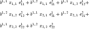 
\label{eq45}\begin{array}{@{}l}
\displaystyle
{{b^{1, \: 1}}\ {x_{1, \: 1}}\ {e_{11}^{1}}}+{{b^{1, \: 2}}\ {x_{1, \: 1}}\ {e_{11}^{2}}}+{{b^{1, \: 1}}\ {x_{1, \: 2}}\ {e_{1
2}^{1}}}+ 
\
\
\displaystyle
{{b^{1, \: 2}}\ {x_{1, \: 2}}\ {e_{12}^{2}}}+{{b^{1, \: 1}}\ {x_{2, \: 1}}\ {e_{21}^{1}}}+{{b^{1, \: 2}}\ {x_{2, \: 1}}\ {e_{2
1}^{2}}}+ 
\
\
\displaystyle
{{b^{1, \: 1}}\ {x_{2, \: 2}}\ {e_{22}^{1}}}+{{b^{1, \: 2}}\ {x_{2, \: 2}}\ {e_{22}^{2}}}
