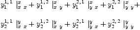 
\label{eq97}\begin{array}{@{}l}
\displaystyle
{{y_{1}^{1, \: 1}}\ {|_{x \  x}^{x}}}+{{y_{1}^{1, \: 2}}\ {|_{x \  y}^{x}}}+{{y_{1}^{2, \: 1}}\ {|_{y \  x}^{x}}}+{{y_{1}^{2, \: 2}}\ {|_{y \  y}^{x}}}+ 
\
\
\displaystyle
{{y_{2}^{1, \: 1}}\ {|_{x \  x}^{y}}}+{{y_{2}^{1, \: 2}}\ {|_{x \  y}^{y}}}+{{y_{2}^{2, \: 1}}\ {|_{y \  x}^{y}}}+{{y_{2}^{2, \: 2}}\ {|_{y \  y}^{y}}}
