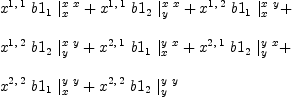 
\label{eq66}\begin{array}{@{}l}
\displaystyle
{{x^{1, \: 1}}\ {b 1_{1}}\ {|_{x}^{x \  x}}}+{{x^{1, \: 1}}\ {b 1_{2}}\ {|_{y}^{x \  x}}}+{{x^{1, \: 2}}\ {b 1_{1}}\ {|_{x}^{x \  y}}}+ 
\
\
\displaystyle
{{x^{1, \: 2}}\ {b 1_{2}}\ {|_{y}^{x \  y}}}+{{x^{2, \: 1}}\ {b 1_{1}}\ {|_{x}^{y \  x}}}+{{x^{2, \: 1}}\ {b 1_{2}}\ {|_{y}^{y \  x}}}+ 
\
\
\displaystyle
{{x^{2, \: 2}}\ {b 1_{1}}\ {|_{x}^{y \  y}}}+{{x^{2, \: 2}}\ {b 1_{2}}\ {|_{y}^{y \  y}}}
