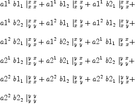 
\label{eq49}\begin{array}{@{}l}
\displaystyle
{{a 1^{1}}\ {b 1_{1}}\ {|_{x \  x}^{x \  x}}}+{{a 1^{1}}\ {b 1_{2}}\ {|_{x \  y}^{x \  x}}}+{{a 1^{1}}\ {b 2_{1}}\ {|_{y \  x}^{x \  x}}}+ 
\
\
\displaystyle
{{a 1^{1}}\ {b 2_{2}}\ {|_{y \  y}^{x \  x}}}+{{a 1^{2}}\ {b 1_{1}}\ {|_{x \  x}^{x \  y}}}+{{a 1^{2}}\ {b 1_{2}}\ {|_{x \  y}^{x \  y}}}+ 
\
\
\displaystyle
{{a 1^{2}}\ {b 2_{1}}\ {|_{y \  x}^{x \  y}}}+{{a 1^{2}}\ {b 2_{2}}\ {|_{y \  y}^{x \  y}}}+{{a 2^{1}}\ {b 1_{1}}\ {|_{x \  x}^{y \  x}}}+ 
\
\
\displaystyle
{{a 2^{1}}\ {b 1_{2}}\ {|_{x \  y}^{y \  x}}}+{{a 2^{1}}\ {b 2_{1}}\ {|_{y \  x}^{y \  x}}}+{{a 2^{1}}\ {b 2_{2}}\ {|_{y \  y}^{y \  x}}}+ 
\
\
\displaystyle
{{a 2^{2}}\ {b 1_{1}}\ {|_{x \  x}^{y \  y}}}+{{a 2^{2}}\ {b 1_{2}}\ {|_{x \  y}^{y \  y}}}+{{a 2^{2}}\ {b 2_{1}}\ {|_{y \  x}^{y \  y}}}+ 
\
\
\displaystyle
{{a 2^{2}}\ {b 2_{2}}\ {|_{y \  y}^{y \  y}}}

