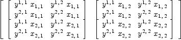 
\label{eq50}\left[ 
\begin{array}{cc}
{\left[ 
\begin{array}{cc}
{{y^{1, \: 1}}\ {x_{1, \: 1}}}&{{y^{1, \: 2}}\ {x_{1, \: 1}}}
\
{{y^{2, \: 1}}\ {x_{1, \: 1}}}&{{y^{2, \: 2}}\ {x_{1, \: 1}}}
