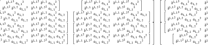 
\label{eq18}\left[ 
\begin{array}{cc}
{\left[ 
\begin{array}{cc}
{\left[ 
\begin{array}{cc}
{{{b^{1, \: 1}}^3}\ {{a_{1, \: 1}}^3}}&{{{b^{1, \: 1}}^2}\ {b^{1, \: 2}}\ {{a_{1, \: 1}}^3}}
\
{{{b^{1, \: 1}}^2}\ {b^{1, \: 2}}\ {{a_{1, \: 1}}^3}}&{{b^{1, \: 1}}\ {{b^{1, \: 2}}^2}\ {{a_{1, \: 1}}^3}}
