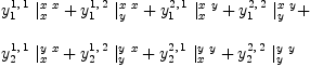 
\label{eq73}\begin{array}{@{}l}
\displaystyle
{{y_{1}^{1, \: 1}}\ {|_{x}^{x \  x}}}+{{y_{1}^{1, \: 2}}\ {|_{y}^{x \  x}}}+{{y_{1}^{2, \: 1}}\ {|_{x}^{x \  y}}}+{{y_{1}^{2, \: 2}}\ {|_{y}^{x \  y}}}+ 
\
\
\displaystyle
{{y_{2}^{1, \: 1}}\ {|_{x}^{y \  x}}}+{{y_{2}^{1, \: 2}}\ {|_{y}^{y \  x}}}+{{y_{2}^{2, \: 1}}\ {|_{x}^{y \  y}}}+{{y_{2}^{2, \: 2}}\ {|_{y}^{y \  y}}}
