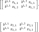 
\label{eq44}\begin{array}{@{}l}
\displaystyle
\left[{\left[ 
\begin{array}{cc}
{{b^{1, \: 1}}\ {x_{1, \: 1}}}&{{b^{1, \: 2}}\ {x_{1, \: 1}}}
\
{{b^{1, \: 1}}\ {x_{1, \: 2}}}&{{b^{1, \: 2}}\ {x_{1, \: 2}}}
