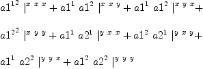 
\label{eq34}\begin{array}{@{}l}
\displaystyle
{{{a 1^{1}}^2}\ {|_{\ }^{x \  x \  x}}}+{{a 1^{1}}\ {a 1^{2}}\ {|_{\ }^{x \  x \  y}}}+{{a 1^{1}}\ {a 1^{2}}\ {|_{\ }^{x \  y \  x}}}+ 
\
\
\displaystyle
{{{a 1^{2}}^2}\ {|_{\ }^{x \  y \  y}}}+{{a 1^{1}}\ {a 2^{1}}\ {|_{\ }^{y \  x \  x}}}+{{a 1^{2}}\ {a 2^{1}}\ {|_{\ }^{y \  x \  y}}}+ 
\
\
\displaystyle
{{a 1^{1}}\ {a 2^{2}}\ {|_{\ }^{y \  y \  x}}}+{{a 1^{2}}\ {a 2^{2}}\ {|_{\ }^{y \  y \  y}}}
