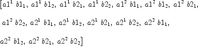 
\label{eq70}\begin{array}{@{}l}
\displaystyle
\left[{{a 1^{1}}\ {b 1_{1}}}, \:{{a 1^{1}}\ {b 1_{2}}}, \:{{a 1^{1}}\ {b 2_{1}}}, \:{{a 1^{1}}\ {b 2_{2}}}, \:{{a 1^{2}}\ {b 1_{1}}}, \:{{a 1^{2}}\ {b 1_{2}}}, \:{{a 1^{2}}\ {b 2_{1}}}, \right.
\
\
\displaystyle
\left.\:{{a 1^{2}}\ {b 2_{2}}}, \:{{a 2^{1}}\ {b 1_{1}}}, \:{{a 2^{1}}\ {b 1_{2}}}, \:{{a 2^{1}}\ {b 2_{1}}}, \:{{a 2^{1}}\ {b 2_{2}}}, \:{{a 2^{2}}\ {b 1_{1}}}, \: \right.
\
\
\displaystyle
\left.{{a 2^{2}}\ {b 1_{2}}}, \:{{a 2^{2}}\ {b 2_{1}}}, \:{{a 2^{2}}\ {b 2_{2}}}\right] 
