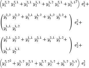 
\label{eq65}\begin{array}{@{}l}
\displaystyle
{{\left({{y_{1}^{2, \: 2}}\ {y_{2}^{2, \: 1}}}+{{y_{1}^{2, \: 1}}\ {y_{2}^{1, \: 1}}}+{{y_{1}^{1, \: 2}}\ {y_{1}^{2, \: 1}}}+{{y_{1}^{1, \: 1}}^2}\right)}\ {e_{1}^{1}}}+ 
\
\
\displaystyle
{{\left({
\begin{array}{@{}l}
\displaystyle
{{y_{1}^{2, \: 2}}\ {y_{2}^{2, \: 2}}}+{{y_{1}^{2, \: 1}}\ {y_{2}^{1, \: 2}}}+{{y_{1}^{1, \: 2}}\ {y_{1}^{2, \: 2}}}+ 
\
\
\displaystyle
{{y_{1}^{1, \: 1}}\ {y_{1}^{1, \: 2}}}
