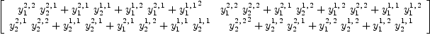 
\label{eq64}\left[ 
\begin{array}{cc}
{{{y_{1}^{2, \: 2}}\ {y_{2}^{2, \: 1}}}+{{y_{1}^{2, \: 1}}\ {y_{2}^{1, \: 1}}}+{{y_{1}^{1, \: 2}}\ {y_{1}^{2, \: 1}}}+{{y_{1}^{1, \: 1}}^2}}&{{{y_{1}^{2, \: 2}}\ {y_{2}^{2, \: 2}}}+{{y_{1}^{2, \: 1}}\ {y_{2}^{1, \: 2}}}+{{y_{1}^{1, \: 2}}\ {y_{1}^{2, \: 2}}}+{{y_{1}^{1, \: 1}}\ {y_{1}^{1, \: 2}}}}
\
{{{y_{2}^{2, \: 1}}\ {y_{2}^{2, \: 2}}}+{{y_{2}^{1, \: 1}}\ {y_{2}^{2, \: 1}}}+{{y_{1}^{2, \: 1}}\ {y_{2}^{1, \: 2}}}+{{y_{1}^{1, \: 1}}\ {y_{2}^{1, \: 1}}}}&{{{y_{2}^{2, \: 2}}^2}+{{y_{2}^{1, \: 2}}\ {y_{2}^{2, \: 1}}}+{{y_{1}^{2, \: 2}}\ {y_{2}^{1, \: 2}}}+{{y_{1}^{1, \: 2}}\ {y_{2}^{1, \: 1}}}}
