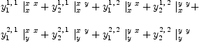 
\label{eq72}\begin{array}{@{}l}
\displaystyle
{{y_{1}^{1, \: 1}}\ {|_{x}^{x \  x}}}+{{y_{2}^{1, \: 1}}\ {|_{x}^{x \  y}}}+{{y_{1}^{1, \: 2}}\ {|_{x}^{y \  x}}}+{{y_{2}^{1, \: 2}}\ {|_{x}^{y \  y}}}+ 
\
\
\displaystyle
{{y_{1}^{2, \: 1}}\ {|_{y}^{x \  x}}}+{{y_{2}^{2, \: 1}}\ {|_{y}^{x \  y}}}+{{y_{1}^{2, \: 2}}\ {|_{y}^{y \  x}}}+{{y_{2}^{2, \: 2}}\ {|_{y}^{y \  y}}}
