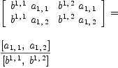 
\label{eq10}\begin{array}{@{}l}
\displaystyle
{\left[ 
\begin{array}{cc}
{{b^{1, \: 1}}\ {a_{1, \: 1}}}&{{b^{1, \: 2}}\ {a_{1, \: 1}}}
\
{{b^{1, \: 1}}\ {a_{1, \: 2}}}&{{b^{1, \: 2}}\ {a_{1, \: 2}}}
