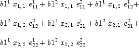 
\label{eq45}\begin{array}{@{}l}
\displaystyle
{{b 1^{1}}\ {x_{1, \: 1}}\ {e_{11}^{1}}}+{{b 1^{2}}\ {x_{1, \: 1}}\ {e_{11}^{2}}}+{{b 1^{1}}\ {x_{1, \: 2}}\ {e_{12}^{1}}}+ \
\
\displaystyle
{{b 1^{2}}\ {x_{1, \: 2}}\ {e_{12}^{2}}}+{{b 1^{1}}\ {x_{2, \: 1}}\ {e_{21}^{1}}}+{{b 1^{2}}\ {x_{2, \: 1}}\ {e_{21}^{2}}}+ \
\
\displaystyle
{{b 1^{1}}\ {x_{2, \: 2}}\ {e_{22}^{1}}}+{{b 1^{2}}\ {x_{2, \: 2}}\ {e_{22}^{2}}}
