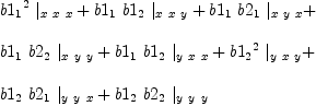 
\label{eq33}\begin{array}{@{}l}
\displaystyle
{{{b 1_{1}}^2}\ {|_{x \  x \  x}}}+{{b 1_{1}}\ {b 1_{2}}\ {|_{x \  x \  y}}}+{{b 1_{1}}\ {b 2_{1}}\ {|_{x \  y \  x}}}+ 
\
\
\displaystyle
{{b 1_{1}}\ {b 2_{2}}\ {|_{x \  y \  y}}}+{{b 1_{1}}\ {b 1_{2}}\ {|_{y \  x \  x}}}+{{{b 1_{2}}^2}\ {|_{y \  x \  y}}}+ 
\
\
\displaystyle
{{b 1_{2}}\ {b 2_{1}}\ {|_{y \  y \  x}}}+{{b 1_{2}}\ {b 2_{2}}\ {|_{y \  y \  y}}}
