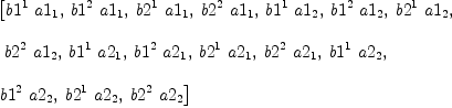 
\label{eq69}\begin{array}{@{}l}
\displaystyle
\left[{{b 1^{1}}\ {a 1_{1}}}, \:{{b 1^{2}}\ {a 1_{1}}}, \:{{b 2^{1}}\ {a 1_{1}}}, \:{{b 2^{2}}\ {a 1_{1}}}, \:{{b 1^{1}}\ {a 1_{2}}}, \:{{b 1^{2}}\ {a 1_{2}}}, \:{{b 2^{1}}\ {a 1_{2}}}, \right.
\
\
\displaystyle
\left.\:{{b 2^{2}}\ {a 1_{2}}}, \:{{b 1^{1}}\ {a 2_{1}}}, \:{{b 1^{2}}\ {a 2_{1}}}, \:{{b 2^{1}}\ {a 2_{1}}}, \:{{b 2^{2}}\ {a 2_{1}}}, \:{{b 1^{1}}\ {a 2_{2}}}, \: \right.
\
\
\displaystyle
\left.{{b 1^{2}}\ {a 2_{2}}}, \:{{b 2^{1}}\ {a 2_{2}}}, \:{{b 2^{2}}\ {a 2_{2}}}\right] 
