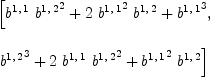 
\label{eq24}\begin{array}{@{}l}
\displaystyle
\left[{{{b^{1, \: 1}}\ {{b^{1, \: 2}}^2}}+{2 \ {{b^{1, \: 1}}^2}\ {b^{1, \: 2}}}+{{b^{1, \: 1}}^3}}, \: \right.
\
\
\displaystyle
\left.{{{b^{1, \: 2}}^3}+{2 \ {b^{1, \: 1}}\ {{b^{1, \: 2}}^2}}+{{{b^{1, \: 1}}^2}\ {b^{1, \: 2}}}}\right] 
