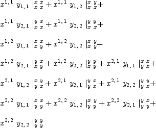 
\label{eq58}\begin{array}{@{}l}
\displaystyle
{{x^{1, \: 1}}\ {y_{1, \: 1}}\ {|_{x \  x}^{x \  x}}}+{{x^{1, \: 1}}\ {y_{1, \: 2}}\ {|_{x \  x}^{x \  y}}}+ 
\
\
\displaystyle
{{x^{1, \: 1}}\ {y_{2, \: 1}}\ {|_{x \  x}^{y \  x}}}+{{x^{1, \: 1}}\ {y_{2, \: 2}}\ {|_{x \  x}^{y \  y}}}+ 
\
\
\displaystyle
{{x^{1, \: 2}}\ {y_{1, \: 1}}\ {|_{x \  y}^{x \  x}}}+{{x^{1, \: 2}}\ {y_{1, \: 2}}\ {|_{x \  y}^{x \  y}}}+ 
\
\
\displaystyle
{{x^{1, \: 2}}\ {y_{2, \: 1}}\ {|_{x \  y}^{y \  x}}}+{{x^{1, \: 2}}\ {y_{2, \: 2}}\ {|_{x \  y}^{y \  y}}}+{{x^{2, \: 1}}\ {y_{1, \: 1}}\ {|_{y \  x}^{x \  x}}}+ 
\
\
\displaystyle
{{x^{2, \: 1}}\ {y_{1, \: 2}}\ {|_{y \  x}^{x \  y}}}+{{x^{2, \: 1}}\ {y_{2, \: 1}}\ {|_{y \  x}^{y \  x}}}+{{x^{2, \: 1}}\ {y_{2, \: 2}}\ {|_{y \  x}^{y \  y}}}+ 
\
\
\displaystyle
{{x^{2, \: 2}}\ {y_{1, \: 1}}\ {|_{y \  y}^{x \  x}}}+{{x^{2, \: 2}}\ {y_{1, \: 2}}\ {|_{y \  y}^{x \  y}}}+{{x^{2, \: 2}}\ {y_{2, \: 1}}\ {|_{y \  y}^{y \  x}}}+ 
\
\
\displaystyle
{{x^{2, \: 2}}\ {y_{2, \: 2}}\ {|_{y \  y}^{y \  y}}}
