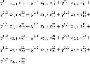 
\label{eq48}\begin{array}{@{}l}
\displaystyle
{{y^{1, \: 1}}\ {x_{1, \: 1}}\ {e_{11}^{11}}}+{{y^{1, \: 2}}\ {x_{1, \: 1}}\ {e_{11}^{12}}}+{{y^{2, \: 1}}\ {x_{1, \: 1}}\ {e_{11}^{21}}}+ 
\
\
\displaystyle
{{y^{2, \: 2}}\ {x_{1, \: 1}}\ {e_{11}^{22}}}+{{y^{1, \: 1}}\ {x_{1, \: 2}}\ {e_{12}^{11}}}+{{y^{1, \: 2}}\ {x_{1, \: 2}}\ {e_{12}^{12}}}+ 
\
\
\displaystyle
{{y^{2, \: 1}}\ {x_{1, \: 2}}\ {e_{12}^{21}}}+{{y^{2, \: 2}}\ {x_{1, \: 2}}\ {e_{12}^{22}}}+{{y^{1, \: 1}}\ {x_{2, \: 1}}\ {e_{21}^{11}}}+ 
\
\
\displaystyle
{{y^{1, \: 2}}\ {x_{2, \: 1}}\ {e_{21}^{12}}}+{{y^{2, \: 1}}\ {x_{2, \: 1}}\ {e_{21}^{21}}}+{{y^{2, \: 2}}\ {x_{2, \: 1}}\ {e_{21}^{22}}}+ 
\
\
\displaystyle
{{y^{1, \: 1}}\ {x_{2, \: 2}}\ {e_{22}^{11}}}+{{y^{1, \: 2}}\ {x_{2, \: 2}}\ {e_{22}^{12}}}+{{y^{2, \: 1}}\ {x_{2, \: 2}}\ {e_{22}^{21}}}+ 
\
\
\displaystyle
{{y^{2, \: 2}}\ {x_{2, \: 2}}\ {e_{22}^{22}}}
