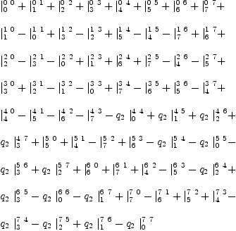
\label{eq10}\begin{array}{@{}l}
\displaystyle
{|_{0}^{0 \  0}}+{|_{1}^{0 \  1}}+{|_{2}^{0 \  2}}+{|_{3}^{0 \  3}}+{|_{4}^{0 \  4}}+{|_{5}^{0 \  5}}+{|_{6}^{0 \  6}}+{|_{7}^{0 \  7}}+ 
\
\
\displaystyle
{|_{1}^{1 \  0}}-{|_{0}^{1 \  1}}+{|_{3}^{1 \  2}}-{|_{2}^{1 \  3}}+{|_{5}^{1 \  4}}-{|_{4}^{1 \  5}}-{|_{7}^{1 \  6}}+{|_{6}^{1 \  7}}+ 
\
\
\displaystyle
{|_{2}^{2 \  0}}-{|_{3}^{2 \  1}}-{|_{0}^{2 \  2}}+{|_{1}^{2 \  3}}+{|_{6}^{2 \  4}}+{|_{7}^{2 \  5}}-{|_{4}^{2 \  6}}-{|_{5}^{2 \  7}}+ 
\
\
\displaystyle
{|_{3}^{3 \  0}}+{|_{2}^{3 \  1}}-{|_{1}^{3 \  2}}-{|_{0}^{3 \  3}}+{|_{7}^{3 \  4}}-{|_{6}^{3 \  5}}+{|_{5}^{3 \  6}}-{|_{4}^{3 \  7}}+ 
\
\
\displaystyle
{|_{4}^{4 \  0}}-{|_{5}^{4 \  1}}-{|_{6}^{4 \  2}}-{|_{7}^{4 \  3}}-{{q_{2}}\ {|_{0}^{4 \  4}}}+{{q_{2}}\ {|_{1}^{4 \  5}}}+{{q_{2}}\ {|_{2}^{4 \  6}}}+ 
\
\
\displaystyle
{{q_{2}}\ {|_{3}^{4 \  7}}}+{|_{5}^{5 \  0}}+{|_{4}^{5 \  1}}-{|_{7}^{5 \  2}}+{|_{6}^{5 \  3}}-{{q_{2}}\ {|_{1}^{5 \  4}}}-{{q_{2}}\ {|_{0}^{5 \  5}}}- 
\
\
\displaystyle
{{q_{2}}\ {|_{3}^{5 \  6}}}+{{q_{2}}\ {|_{2}^{5 \  7}}}+{|_{6}^{6 \  0}}+{|_{7}^{6 \  1}}+{|_{4}^{6 \  2}}-{|_{5}^{6 \  3}}-{{q_{2}}\ {|_{2}^{6 \  4}}}+ 
\
\
\displaystyle
{{q_{2}}\ {|_{3}^{6 \  5}}}-{{q_{2}}\ {|_{0}^{6 \  6}}}-{{q_{2}}\ {|_{1}^{6 \  7}}}+{|_{7}^{7 \  0}}-{|_{6}^{7 \  1}}+{|_{5}^{7 \  2}}+{|_{4}^{7 \  3}}- 
\
\
\displaystyle
{{q_{2}}\ {|_{3}^{7 \  4}}}-{{q_{2}}\ {|_{2}^{7 \  5}}}+{{q_{2}}\ {|_{1}^{7 \  6}}}-{{q_{2}}\ {|_{0}^{7 \  7}}}
