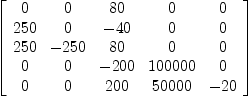 
\label{eq33}\left[ 
\begin{array}{ccccc}
0 & 0 &{80}& 0 & 0 
\
{250}& 0 & -{40}& 0 & 0 
\
{250}& -{250}&{80}& 0 & 0 
\
0 & 0 & -{200}&{100000}& 0 
\
0 & 0 &{200}&{50000}& -{20}
