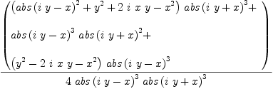 
\label{eq5}{\left(
\begin{array}{@{}l}
\displaystyle
{{\left({{abs \left({{i \  y}- x}\right)}^{2}}+{{y}^{2}}+{2 \  i \  x \  y}-{{x}^{2}}\right)}\ {{abs \left({{i \  y}+ x}\right)}^{3}}}+ 
\
\
\displaystyle
{{{abs \left({{i \  y}- x}\right)}^{3}}\ {{abs \left({{i \  y}+ x}\right)}^{2}}}+ 
\
\
\displaystyle
{{\left({{y}^{2}}-{2 \  i \  x \  y}-{{x}^{2}}\right)}\ {{abs \left({{i \  y}- x}\right)}^{3}}}

