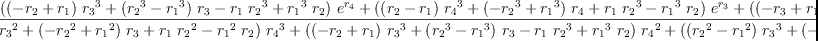 
\label{eq33}\begin{array}{@{}l}
\displaystyle
{g_{2}}= 
\
\
\displaystyle
{\frac{{{\left({{\left(-{r_{2}}+{r_{1}}\right)}\ {{r_{3}}^{3}}}+{{\left({{r_{2}}^{3}}-{{r_{1}}^{3}}\right)}\ {r_{3}}}-{{r_{1}}\ {{r_{2}}^{3}}}+{{{r_{1}}^{3}}\ {r_{2}}}\right)}\ {{e}^{r_{4}}}}+{{\left({{\left({r_{2}}-{r_{1}}\right)}\ {{r_{4}}^{3}}}+{{\left(-{{r_{2}}^{3}}+{{r_{1}}^{3}}\right)}\ {r_{4}}}+{{r_{1}}\ {{r_{2}}^{3}}}-{{{r_{1}}^{3}}\ {r_{2}}}\right)}\ {{e}^{r_{3}}}}+{{\left({{\left(-{r_{3}}+{r_{1}}\right)}\ {{r_{4}}^{3}}}+{{\left({{r_{3}}^{3}}-{{r_{1}}^{3}}\right)}\ {r_{4}}}-{{r_{1}}\ {{r_{3}}^{3}}}+{{{r_{1}}^{3}}\ {r_{3}}}\right)}\ {{e}^{r_{2}}}}+{{\left({{\left({r_{3}}-{r_{2}}\right)}\ {{r_{4}}^{3}}}+{{\left(-{{r_{3}}^{3}}+{{r_{2}}^{3}}\right)}\ {r_{4}}}+{{r_{2}}\ {{r_{3}}^{3}}}-{{{r_{2}}^{3}}\ {r_{3}}}\right)}\ {{e}^{r_{1}}}}}{{{\left({{\left({r_{2}}-{r_{1}}\right)}\ {{r_{3}}^{2}}}+{{\left(-{{r_{2}}^{2}}+{{r_{1}}^{2}}\right)}\ {r_{3}}}+{{r_{1}}\ {{r_{2}}^{2}}}-{{{r_{1}}^{2}}\ {r_{2}}}\right)}\ {{r_{4}}^{3}}}+{{\left({{\left(-{r_{2}}+{r_{1}}\right)}\ {{r_{3}}^{3}}}+{{\left({{r_{2}}^{3}}-{{r_{1}}^{3}}\right)}\ {r_{3}}}-{{r_{1}}\ {{r_{2}}^{3}}}+{{{r_{1}}^{3}}\ {r_{2}}}\right)}\ {{r_{4}}^{2}}}+{{\left({{\left({{r_{2}}^{2}}-{{r_{1}}^{2}}\right)}\ {{r_{3}}^{3}}}+{{\left(-{{r_{2}}^{3}}+{{r_{1}}^{3}}\right)}\ {{r_{3}}^{2}}}+{{{r_{1}}^{2}}\ {{r_{2}}^{3}}}-{{{r_{1}}^{3}}\ {{r_{2}}^{2}}}\right)}\ {r_{4}}}+{{\left(-{{r_{1}}\ {{r_{2}}^{2}}}+{{{r_{1}}^{2}}\ {r_{2}}}\right)}\ {{r_{3}}^{3}}}+{{\left({{r_{1}}\ {{r_{2}}^{3}}}-{{{r_{1}}^{3}}\ {r_{2}}}\right)}\ {{r_{3}}^{2}}}+{{\left(-{{{r_{1}}^{2}}\ {{r_{2}}^{3}}}+{{{r_{1}}^{3}}\ {{r_{2}}^{2}}}\right)}\ {r_{3}}}}}
