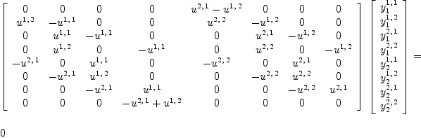 
\label{eq21}\begin{array}{@{}l}
\displaystyle
{{\left[ 
\begin{array}{cccccccc}
0 & 0 & 0 & 0 &{{u^{2, \: 1}}-{u^{1, \: 2}}}& 0 & 0 & 0 
\
{u^{1, \: 2}}& -{u^{1, \: 1}}& 0 & 0 &{u^{2, \: 2}}& -{u^{1, \: 2}}& 0 & 0 
\
0 &{u^{1, \: 1}}& -{u^{1, \: 1}}& 0 & 0 &{u^{2, \: 1}}& -{u^{1, \: 2}}& 0 
\
0 &{u^{1, \: 2}}& 0 & -{u^{1, \: 1}}& 0 &{u^{2, \: 2}}& 0 & -{u^{1, \: 2}}
\
-{u^{2, \: 1}}& 0 &{u^{1, \: 1}}& 0 & -{u^{2, \: 2}}& 0 &{u^{2, \: 1}}& 0 
\
0 & -{u^{2, \: 1}}&{u^{1, \: 2}}& 0 & 0 & -{u^{2, \: 2}}&{u^{2, \: 2}}& 0 
\
0 & 0 & -{u^{2, \: 1}}&{u^{1, \: 1}}& 0 & 0 & -{u^{2, \: 2}}&{u^{2, \: 1}}
\
0 & 0 & 0 &{-{u^{2, \: 1}}+{u^{1, \: 2}}}& 0 & 0 & 0 & 0 
