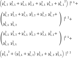 
\label{eq46}\begin{array}{@{}l}
\displaystyle
{{\left({{y_{1, \: 2}^{2}}\ {y_{2, \: 1}^{2}}}+{{y_{1, \: 1}^{2}}\ {y_{2, \: 1}^{1}}}+{{y_{1, \: 1}^{2}}\ {y_{1, \: 2}^{1}}}+{{y_{1, \: 1}^{1}}^2}\right)}\ {|_{\ }^{1 \  1}}}+ 
\
\
\displaystyle
{{\left({
\begin{array}{@{}l}
\displaystyle
{{y_{1, \: 2}^{2}}\ {y_{2, \: 2}^{2}}}+{{y_{1, \: 1}^{2}}\ {y_{2, \: 2}^{1}}}+{{y_{1, \: 2}^{1}}\ {y_{1, \: 2}^{2}}}+ 
\
\
\displaystyle
{{y_{1, \: 1}^{1}}\ {y_{1, \: 2}^{1}}}
