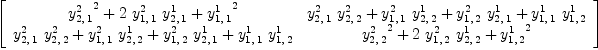 
\label{eq48}\left[ 
\begin{array}{cc}
{{{y_{2, \: 1}^{2}}^2}+{2 \ {y_{1, \: 1}^{2}}\ {y_{2, \: 1}^{1}}}+{{y_{1, \: 1}^{1}}^2}}&{{{y_{2, \: 1}^{2}}\ {y_{2, \: 2}^{2}}}+{{y_{1, \: 1}^{2}}\ {y_{2, \: 2}^{1}}}+{{y_{1, \: 2}^{2}}\ {y_{2, \: 1}^{1}}}+{{y_{1, \: 1}^{1}}\ {y_{1, \: 2}^{1}}}}
\
{{{y_{2, \: 1}^{2}}\ {y_{2, \: 2}^{2}}}+{{y_{1, \: 1}^{2}}\ {y_{2, \: 2}^{1}}}+{{y_{1, \: 2}^{2}}\ {y_{2, \: 1}^{1}}}+{{y_{1, \: 1}^{1}}\ {y_{1, \: 2}^{1}}}}&{{{y_{2, \: 2}^{2}}^2}+{2 \ {y_{1, \: 2}^{2}}\ {y_{2, \: 2}^{1}}}+{{y_{1, \: 2}^{1}}^2}}
