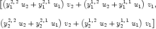 
\label{eq7}\begin{array}{@{}l}
\displaystyle
\left[{{{\left({{y_{1}^{2, \: 2}}\ {u_{2}}}+{{y_{1}^{2, \: 1}}\ {u_{1}}}\right)}\ {v_{2}}}+{{\left({{y_{1}^{1, \: 2}}\ {u_{2}}}+{{y_{1}^{1, \: 1}}\ {u_{1}}}\right)}\ {v_{1}}}}, \: \right.
\
\
\displaystyle
\left.{{{\left({{y_{2}^{2, \: 2}}\ {u_{2}}}+{{y_{2}^{2, \: 1}}\ {u_{1}}}\right)}\ {v_{2}}}+{{\left({{y_{2}^{1, \: 2}}\ {u_{2}}}+{{y_{2}^{1, \: 1}}\ {u_{1}}}\right)}\ {v_{1}}}}\right] 
