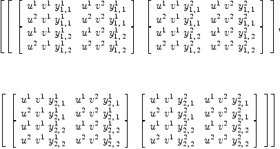 
\label{eq13}\begin{array}{@{}l}
\displaystyle
\left[{\left[ 
\begin{array}{cc}
{\left[ 
\begin{array}{cc}
{{u^{1}}\ {v^{1}}\ {y_{1, \: 1}^{1}}}&{{u^{1}}\ {v^{2}}\ {y_{1, \: 1}^{1}}}
\
{{u^{2}}\ {v^{1}}\ {y_{1, \: 1}^{1}}}&{{u^{2}}\ {v^{2}}\ {y_{1, \: 1}^{1}}}
