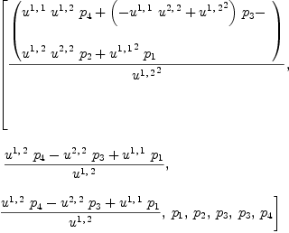 
\label{eq28}\begin{array}{@{}l}
\displaystyle
\left[{{\left(
\begin{array}{@{}l}
\displaystyle
{{u^{1, \: 1}}\ {u^{1, \: 2}}\ {p_{4}}}+{{\left(-{{u^{1, \: 1}}\ {u^{2, \: 2}}}+{{u^{1, \: 2}}^2}\right)}\ {p_{3}}}- 
\
\
\displaystyle
{{u^{1, \: 2}}\ {u^{2, \: 2}}\ {p_{2}}}+{{{u^{1, \: 1}}^2}\ {p_{1}}}
