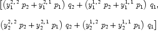 
\label{eq7}\begin{array}{@{}l}
\displaystyle
\left[{{{\left({{y_{1}^{2, \: 2}}\ {p_{2}}}+{{y_{1}^{2, \: 1}}\ {p_{1}}}\right)}\ {q_{2}}}+{{\left({{y_{1}^{1, \: 2}}\ {p_{2}}}+{{y_{1}^{1, \: 1}}\ {p_{1}}}\right)}\ {q_{1}}}}, \: \right.
\
\
\displaystyle
\left.{{{\left({{y_{2}^{2, \: 2}}\ {p_{2}}}+{{y_{2}^{2, \: 1}}\ {p_{1}}}\right)}\ {q_{2}}}+{{\left({{y_{2}^{1, \: 2}}\ {p_{2}}}+{{y_{2}^{1, \: 1}}\ {p_{1}}}\right)}\ {q_{1}}}}\right] 
