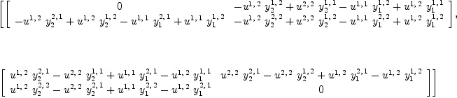 
\label{eq21}\begin{array}{@{}l}
\displaystyle
\left[{\left[ 
\begin{array}{cc}
0 &{-{{u^{1, \: 2}}\ {y_{2}^{1, \: 2}}}+{{u^{2, \: 2}}\ {y_{2}^{1, \: 1}}}-{{u^{1, \: 1}}\ {y_{1}^{1, \: 2}}}+{{u^{1, \: 2}}\ {y_{1}^{1, \: 1}}}}
\
{-{{u^{1, \: 2}}\ {y_{2}^{2, \: 1}}}+{{u^{1, \: 2}}\ {y_{2}^{1, \: 2}}}-{{u^{1, \: 1}}\ {y_{1}^{2, \: 1}}}+{{u^{1, \: 1}}\ {y_{1}^{1, \: 2}}}}&{-{{u^{1, \: 2}}\ {y_{2}^{2, \: 2}}}+{{u^{2, \: 2}}\ {y_{2}^{1, \: 2}}}-{{u^{1, \: 1}}\ {y_{1}^{2, \: 2}}}+{{u^{1, \: 2}}\ {y_{1}^{1, \: 2}}}}
