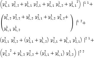 
\label{eq43}\begin{array}{@{}l}
\displaystyle
{{\left({{y_{1, \: 1}^{2}}\ {y_{2, \: 2}^{2}}}+{{y_{1, \: 1}^{1}}\ {y_{2, \: 1}^{2}}}+{{y_{1, \: 1}^{2}}\ {y_{1, \: 2}^{1}}}+{{y_{1, \: 1}^{1}}^2}\right)}\ {|_{\ }^{1 \  1}}}+ 
\
\
\displaystyle
{{\left({
\begin{array}{@{}l}
\displaystyle
{{y_{1, \: 2}^{2}}\ {y_{2, \: 2}^{2}}}+{{y_{1, \: 2}^{1}}\ {y_{2, \: 1}^{2}}}+{{y_{1, \: 2}^{1}}\ {y_{1, \: 2}^{2}}}+ 
\
\
\displaystyle
{{y_{1, \: 1}^{1}}\ {y_{1, \: 2}^{1}}}
