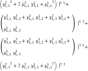 
\label{eq52}\begin{array}{@{}l}
\displaystyle
{{\left({{y_{2, \: 1}^{2}}^2}+{2 \ {y_{1, \: 1}^{2}}\ {y_{2, \: 1}^{1}}}+{{y_{1, \: 1}^{1}}^2}\right)}\ {|_{\ }^{1 \  1}}}+ 
\
\
\displaystyle
{{\left({
\begin{array}{@{}l}
\displaystyle
{{y_{2, \: 1}^{2}}\ {y_{2, \: 2}^{2}}}+{{y_{1, \: 1}^{2}}\ {y_{2, \: 2}^{1}}}+{{y_{1, \: 2}^{2}}\ {y_{2, \: 1}^{1}}}+ 
\
\
\displaystyle
{{y_{1, \: 1}^{1}}\ {y_{1, \: 2}^{1}}}
