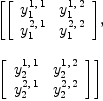 
\label{eq3}\begin{array}{@{}l}
\displaystyle
\left[{\left[ 
\begin{array}{cc}
{y_{1}^{1, \: 1}}&{y_{1}^{1, \: 2}}
\
{y_{1}^{2, \: 1}}&{y_{1}^{2, \: 2}}
