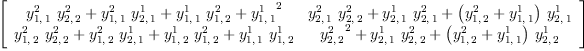 
\label{eq31}\left[ 
\begin{array}{cc}
{{{y_{1, \: 1}^{2}}\ {y_{2, \: 2}^{2}}}+{{y_{1, \: 1}^{2}}\ {y_{2, \: 1}^{1}}}+{{y_{1, \: 1}^{1}}\ {y_{1, \: 2}^{2}}}+{{y_{1, \: 1}^{1}}^{2}}}&{{{y_{2, \: 1}^{2}}\ {y_{2, \: 2}^{2}}}+{{y_{2, \: 1}^{1}}\ {y_{2, \: 1}^{2}}}+{{\left({y_{1, \: 2}^{2}}+{y_{1, \: 1}^{1}}\right)}\ {y_{2, \: 1}^{1}}}}
\
{{{y_{1, \: 2}^{2}}\ {y_{2, \: 2}^{2}}}+{{y_{1, \: 2}^{2}}\ {y_{2, \: 1}^{1}}}+{{y_{1, \: 2}^{1}}\ {y_{1, \: 2}^{2}}}+{{y_{1, \: 1}^{1}}\ {y_{1, \: 2}^{1}}}}&{{{y_{2, \: 2}^{2}}^{2}}+{{y_{2, \: 1}^{1}}\ {y_{2, \: 2}^{2}}}+{{\left({y_{1, \: 2}^{2}}+{y_{1, \: 1}^{1}}\right)}\ {y_{2, \: 2}^{1}}}}
