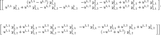 
\label{eq20}\begin{array}{@{}l}
\displaystyle
\left[{\left[ 
\begin{array}{cc}
{{\left({u^{2, \: 1}}-{u^{1, \: 2}}\right)}\ {y_{1, \: 1}^{2}}}&{-{{u^{1, \: 2}}\ {y_{2, \: 1}^{2}}}-{{u^{1, \: 1}}\ {y_{2, \: 1}^{1}}}+{{u^{2, \: 2}}\ {y_{1, \: 1}^{2}}}+{{u^{1, \: 2}}\ {y_{1, \: 1}^{1}}}}
\
{{{u^{2, \: 1}}\ {y_{2, \: 1}^{2}}}+{{u^{1, \: 1}}\ {y_{2, \: 1}^{1}}}-{{u^{1, \: 2}}\ {y_{1, \: 2}^{2}}}-{{u^{1, \: 1}}\ {y_{1, \: 2}^{1}}}}&{-{{u^{1, \: 2}}\ {y_{2, \: 2}^{2}}}-{{u^{1, \: 1}}\ {y_{2, \: 2}^{1}}}+{{u^{2, \: 2}}\ {y_{2, \: 1}^{2}}}+{{u^{1, \: 2}}\ {y_{2, \: 1}^{1}}}}
