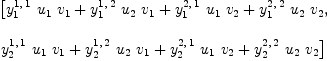 
\label{eq6}\begin{array}{@{}l}
\displaystyle
\left[{{{y_{1}^{1, \: 1}}\ {u_{1}}\ {v_{1}}}+{{y_{1}^{1, \: 2}}\ {u_{2}}\ {v_{1}}}+{{y_{1}^{2, \: 1}}\ {u_{1}}\ {v_{2}}}+{{y_{1}^{2, \: 2}}\ {u_{2}}\ {v_{2}}}}, \: \right.
\
\
\displaystyle
\left.{{{y_{2}^{1, \: 1}}\ {u_{1}}\ {v_{1}}}+{{y_{2}^{1, \: 2}}\ {u_{2}}\ {v_{1}}}+{{y_{2}^{2, \: 1}}\ {u_{1}}\ {v_{2}}}+{{y_{2}^{2, \: 2}}\ {u_{2}}\ {v_{2}}}}\right] 
