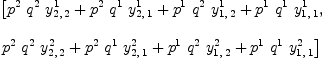 
\label{eq7}\begin{array}{@{}l}
\displaystyle
\left[{{{p^{2}}\ {q^{2}}\ {y_{2, \: 2}^{1}}}+{{p^{2}}\ {q^{1}}\ {y_{2, \: 1}^{1}}}+{{p^{1}}\ {q^{2}}\ {y_{1, \: 2}^{1}}}+{{p^{1}}\ {q^{1}}\ {y_{1, \: 1}^{1}}}}, \: \right.
\
\
\displaystyle
\left.{{{p^{2}}\ {q^{2}}\ {y_{2, \: 2}^{2}}}+{{p^{2}}\ {q^{1}}\ {y_{2, \: 1}^{2}}}+{{p^{1}}\ {q^{2}}\ {y_{1, \: 2}^{2}}}+{{p^{1}}\ {q^{1}}\ {y_{1, \: 1}^{2}}}}\right] 
