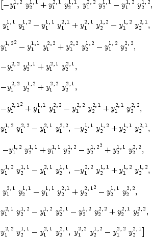 
\label{eq14}\begin{array}{@{}l}
\displaystyle
\left[{-{{y_{1}^{1, \: 2}}\ {y_{2}^{1, \: 1}}}+{{y_{1}^{2, \: 1}}\ {y_{2}^{1, \: 1}}}}, \:{{{y_{1}^{2, \: 2}}\ {y_{2}^{1, \: 1}}}-{{y_{1}^{1, \: 2}}\ {y_{2}^{1, \: 2}}}}, \right.
\
\
\displaystyle
\left.\:{{{y_{1}^{1, \: 1}}\ {y_{1}^{1, \: 2}}}-{{y_{1}^{1, \: 1}}\ {y_{1}^{2, \: 1}}}+{{y_{1}^{2, \: 1}}\ {y_{2}^{1, \: 2}}}-{{y_{1}^{1, \: 2}}\ {y_{2}^{2, \: 1}}}}, \: \right.
\
\
\displaystyle
\left.{{{y_{1}^{1, \: 2}}^2}-{{y_{1}^{1, \: 1}}\ {y_{1}^{2, \: 2}}}+{{y_{1}^{2, \: 2}}\ {y_{2}^{1, \: 2}}}-{{y_{1}^{1, \: 2}}\ {y_{2}^{2, \: 2}}}}, \: \right.
\
\
\displaystyle
\left.{-{{y_{1}^{2, \: 2}}\ {y_{2}^{1, \: 1}}}+{{y_{1}^{2, \: 1}}\ {y_{2}^{2, \: 1}}}}, \: \right.
\
\
\displaystyle
\left.{-{{y_{1}^{2, \: 2}}\ {y_{2}^{1, \: 2}}}+{{y_{1}^{2, \: 2}}\ {y_{2}^{2, \: 1}}}}, \: \right.
\
\
\displaystyle
\left.{-{{y_{1}^{2, \: 1}}^2}+{{y_{1}^{1, \: 1}}\ {y_{1}^{2, \: 2}}}-{{y_{1}^{2, \: 2}}\ {y_{2}^{2, \: 1}}}+{{y_{1}^{2, \: 1}}\ {y_{2}^{2, \: 2}}}}, \: \right.
\
\
\displaystyle
\left.{{{y_{1}^{1, \: 2}}\ {y_{1}^{2, \: 2}}}-{{y_{1}^{2, \: 1}}\ {y_{1}^{2, \: 2}}}}, \:{-{{y_{2}^{1, \: 1}}\ {y_{2}^{1, \: 2}}}+{{y_{2}^{1, \: 1}}\ {y_{2}^{2, \: 1}}}}, \right.
\
\
\displaystyle
\left.\:{-{{y_{1}^{1, \: 2}}\ {y_{2}^{1, \: 1}}}+{{y_{1}^{1, \: 1}}\ {y_{2}^{1, \: 2}}}-{{y_{2}^{1, \: 2}}^2}+{{y_{2}^{1, \: 1}}\ {y_{2}^{2, \: 2}}}}, \: \right.
\
\
\displaystyle
\left.{{{y_{1}^{1, \: 2}}\ {y_{2}^{1, \: 1}}}-{{y_{1}^{2, \: 1}}\ {y_{2}^{1, \: 1}}}}, \:{-{{y_{1}^{2, \: 2}}\ {y_{2}^{1, \: 1}}}+{{y_{1}^{1, \: 2}}\ {y_{2}^{1, \: 2}}}}, \right.
\
\
\displaystyle
\left.\:{{{y_{1}^{2, \: 1}}\ {y_{2}^{1, \: 1}}}-{{y_{1}^{1, \: 1}}\ {y_{2}^{2, \: 1}}}+{{y_{2}^{2, \: 1}}^2}-{{y_{2}^{1, \: 1}}\ {y_{2}^{2, \: 2}}}}, \: \right.
\
\
\displaystyle
\left.{{{y_{1}^{2, \: 1}}\ {y_{2}^{1, \: 2}}}-{{y_{1}^{1, \: 2}}\ {y_{2}^{2, \: 1}}}-{{y_{2}^{1, \: 2}}\ {y_{2}^{2, \: 2}}}+{{y_{2}^{2, \: 1}}\ {y_{2}^{2, \: 2}}}}, \: \right.
\
\
\displaystyle
\left.{{{y_{1}^{2, \: 2}}\ {y_{2}^{1, \: 1}}}-{{y_{1}^{2, \: 1}}\ {y_{2}^{2, \: 1}}}}, \:{{{y_{1}^{2, \: 2}}\ {y_{2}^{1, \: 2}}}-{{y_{1}^{2, \: 2}}\ {y_{2}^{2, \: 1}}}}\right] 
