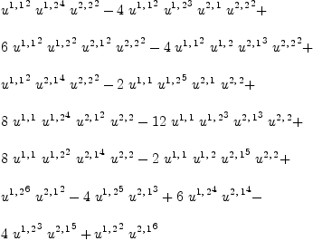 
\label{eq22}\begin{array}{@{}l}
\displaystyle
{{{u^{1, \: 1}}^2}\ {{u^{1, \: 2}}^4}\ {{u^{2, \: 2}}^2}}-{4 \ {{u^{1, \: 1}}^2}\ {{u^{1, \: 2}}^3}\ {u^{2, \: 1}}\ {{u^{2, \: 2}}^2}}+ 
\
\
\displaystyle
{6 \ {{u^{1, \: 1}}^2}\ {{u^{1, \: 2}}^2}\ {{u^{2, \: 1}}^2}\ {{u^{2, \: 2}}^2}}-{4 \ {{u^{1, \: 1}}^2}\ {u^{1, \: 2}}\ {{u^{2, \: 1}}^3}\ {{u^{2, \: 2}}^2}}+ 
\
\
\displaystyle
{{{u^{1, \: 1}}^2}\ {{u^{2, \: 1}}^4}\ {{u^{2, \: 2}}^2}}-{2 \ {u^{1, \: 1}}\ {{u^{1, \: 2}}^5}\ {u^{2, \: 1}}\ {u^{2, \: 2}}}+ 
\
\
\displaystyle
{8 \ {u^{1, \: 1}}\ {{u^{1, \: 2}}^4}\ {{u^{2, \: 1}}^2}\ {u^{2, \: 2}}}-{{12}\ {u^{1, \: 1}}\ {{u^{1, \: 2}}^3}\ {{u^{2, \: 1}}^3}\ {u^{2, \: 2}}}+ 
\
\
\displaystyle
{8 \ {u^{1, \: 1}}\ {{u^{1, \: 2}}^2}\ {{u^{2, \: 1}}^4}\ {u^{2, \: 2}}}-{2 \ {u^{1, \: 1}}\ {u^{1, \: 2}}\ {{u^{2, \: 1}}^5}\ {u^{2, \: 2}}}+ 
\
\
\displaystyle
{{{u^{1, \: 2}}^6}\ {{u^{2, \: 1}}^2}}-{4 \ {{u^{1, \: 2}}^5}\ {{u^{2, \: 1}}^3}}+{6 \ {{u^{1, \: 2}}^4}\ {{u^{2, \: 1}}^4}}- 
\
\
\displaystyle
{4 \ {{u^{1, \: 2}}^3}\ {{u^{2, \: 1}}^5}}+{{{u^{1, \: 2}}^2}\ {{u^{2, \: 1}}^6}}
