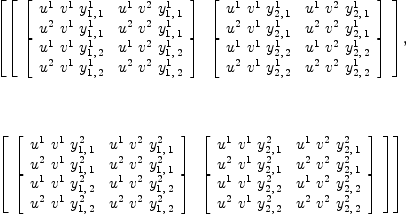 
\label{eq33}\begin{array}{@{}l}
\displaystyle
\left[{\left[ 
\begin{array}{cc}
{\left[ 
\begin{array}{cc}
{{u^{1}}\ {v^{1}}\ {y_{1, \: 1}^{1}}}&{{u^{1}}\ {v^{2}}\ {y_{1, \: 1}^{1}}}
\
{{u^{2}}\ {v^{1}}\ {y_{1, \: 1}^{1}}}&{{u^{2}}\ {v^{2}}\ {y_{1, \: 1}^{1}}}
