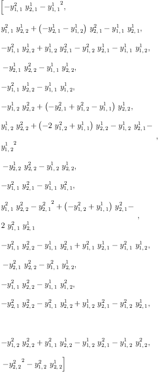 
\label{eq17}\begin{array}{@{}l}
\displaystyle
\left[{-{{y_{1, \: 1}^{2}}\ {y_{2, \: 1}^{1}}}-{{y_{1, \: 1}^{1}}^{2}}}, \: \right.
\
\
\displaystyle
\left.{{{y_{1, \: 1}^{2}}\ {y_{2, \: 2}^{1}}}+{{\left(-{y_{2, \: 1}^{1}}-{y_{1, \: 2}^{1}}\right)}\ {y_{2, \: 1}^{2}}}-{{y_{1, \: 1}^{1}}\ {y_{2, \: 1}^{1}}}}, \: \right.
\
\
\displaystyle
\left.{-{{y_{1, \: 1}^{2}}\ {y_{2, \: 2}^{1}}}+{{y_{1, \: 2}^{1}}\ {y_{2, \: 1}^{2}}}-{{y_{1, \: 2}^{2}}\ {y_{2, \: 1}^{1}}}-{{y_{1, \: 1}^{1}}\ {y_{1, \: 2}^{1}}}}, \right.
\
\
\displaystyle
\left.\:{-{{y_{2, \: 1}^{1}}\ {y_{2, \: 2}^{2}}}-{{y_{1, \: 1}^{1}}\ {y_{2, \: 2}^{1}}}}, \: \right.
\
\
\displaystyle
\left.{-{{y_{1, \: 1}^{2}}\ {y_{2, \: 2}^{1}}}-{{y_{1, \: 1}^{1}}\ {y_{1, \: 2}^{1}}}}, \: \right.
\
\
\displaystyle
\left.{-{{y_{1, \: 2}^{1}}\ {y_{2, \: 2}^{2}}}+{{\left(-{y_{2, \: 1}^{2}}+{y_{1, \: 2}^{2}}-{y_{1, \: 1}^{1}}\right)}\ {y_{2, \: 2}^{1}}}}, \: \right.
\
\
\displaystyle
\left.{
\begin{array}{@{}l}
\displaystyle
{{y_{1, \: 2}^{1}}\ {y_{2, \: 2}^{2}}}+{{\left(-{2 \ {y_{1, \: 2}^{2}}}+{y_{1, \: 1}^{1}}\right)}\ {y_{2, \: 2}^{1}}}-{{y_{1, \: 2}^{1}}\ {y_{2, \: 1}^{1}}}- 
\
\
\displaystyle
{{y_{1, \: 2}^{1}}^{2}}
